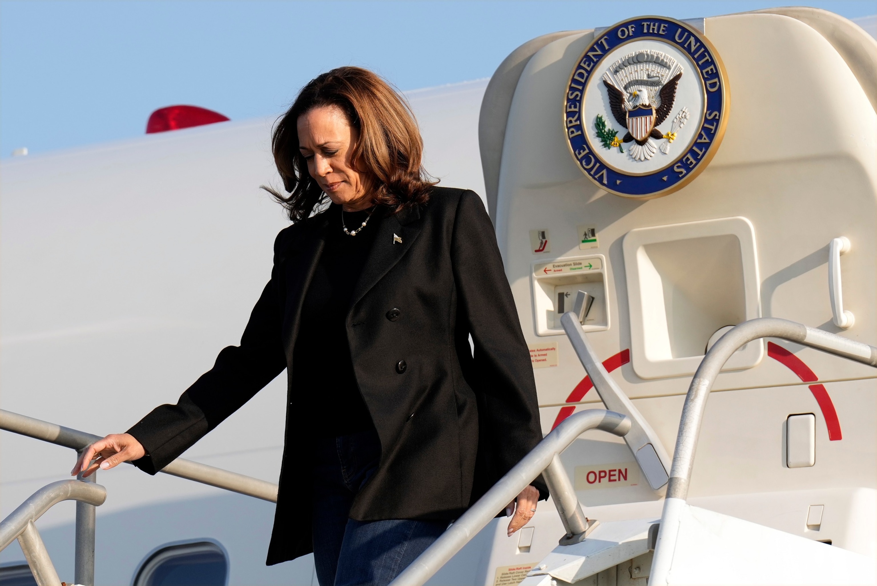 PHOTO: Democratic presidential nominee Vice President Kamala Harris arrives on Air Force Two at Atlantic Aviation Philadelphia, Sept. 9, 2024, ahead of the presidential debate with Republican presidential nominee former President Donald Trump.