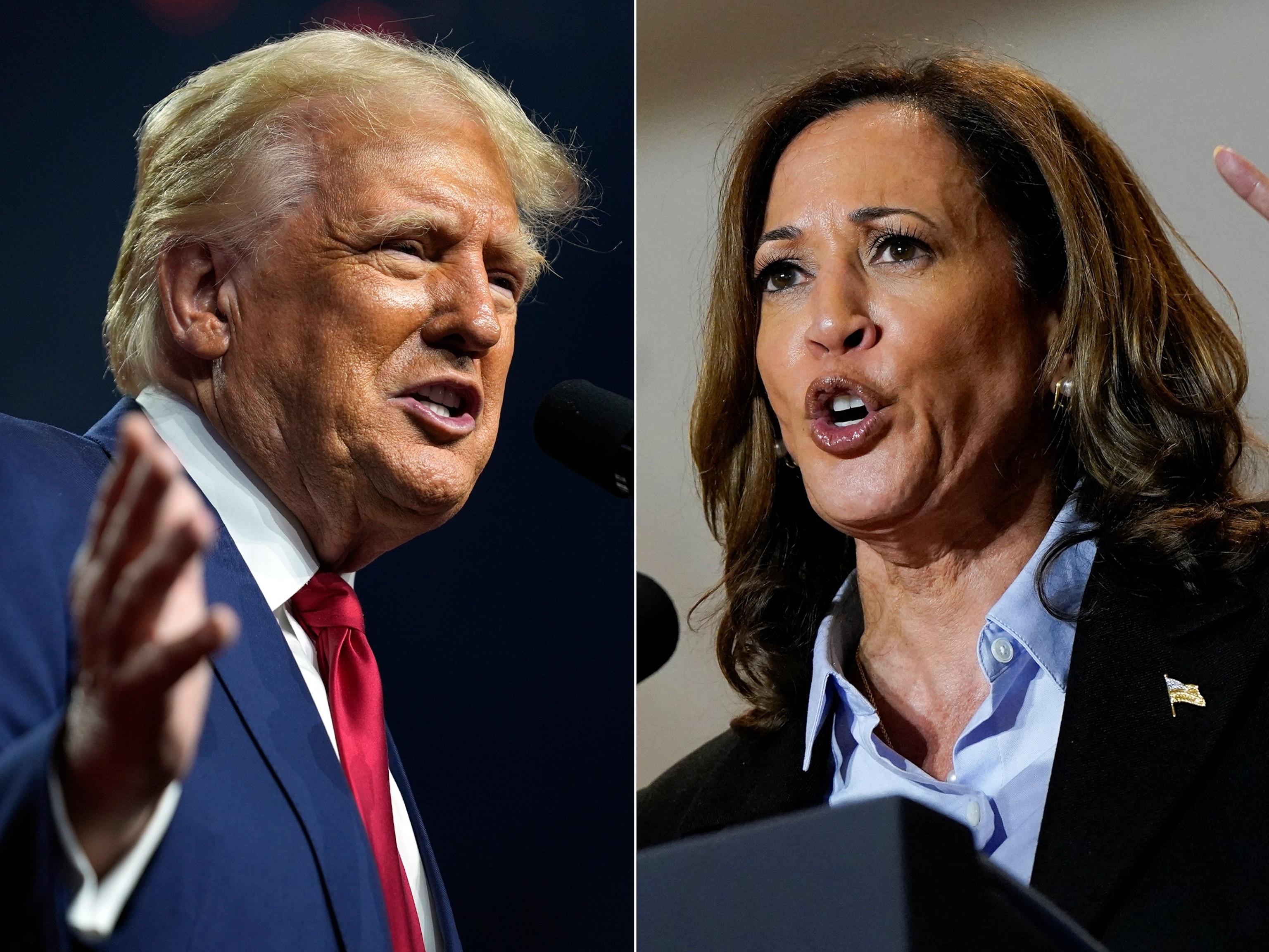 PHOTO: In this split image, Republican presidential nominee former President Donald Trump speaks in Glendale, Ariz., on Aug. 23, 2024, and Democratic presidential nominee and Vice President Kamala Harris speaks in Pittsburgh, Sept. 2, 2024.